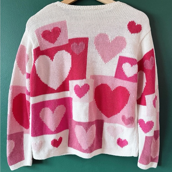 Vintage 90s TALBOTS Sweater Hand Knit Heart Print Cotton Linen Small Pink Red - Picture 5 of 5